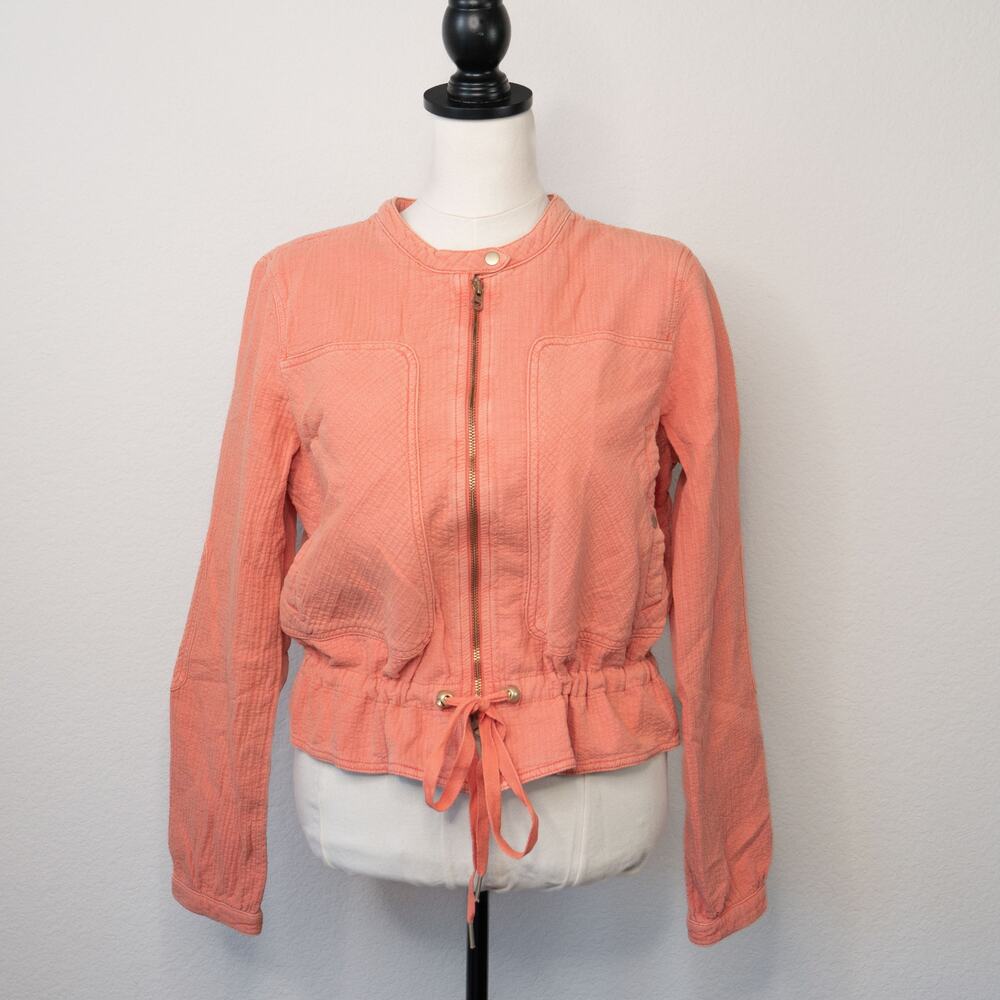 Anthropologie Joyce Orange Coral Zip Up Moto Quilted Jacket Size L